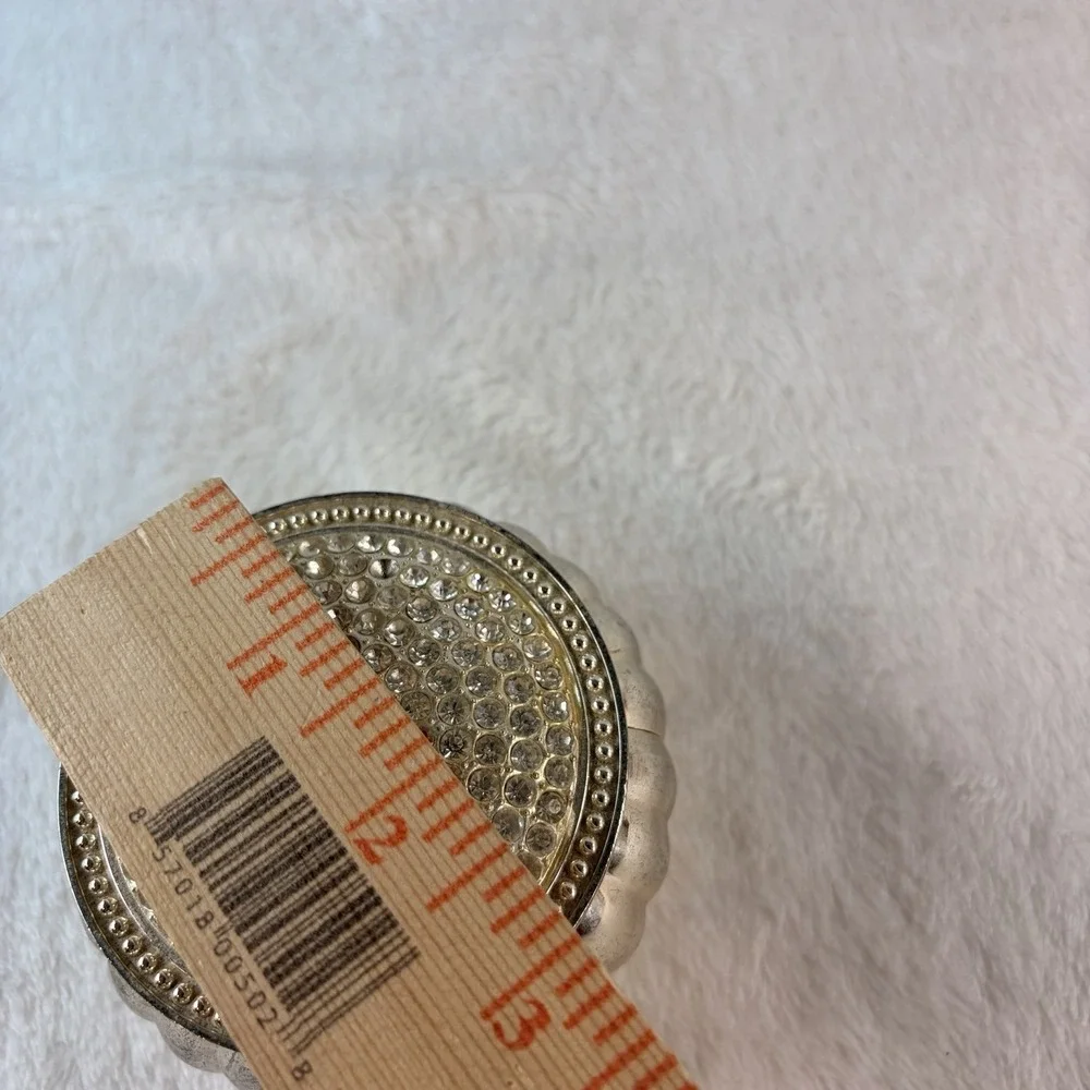 Vintage Silvertone Ribbed Round Trinket Box Rhinestone Lid Velvet Lined As Is